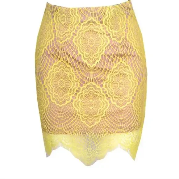 0020 NEW Yellow Lace Nude Illusion Mini Skirt - Picture 2 of 9